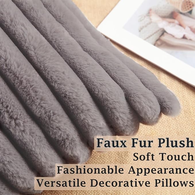 Decorative Throw Pillow with Inserts, Set of 2 Soft Faux Fur Throw Pillows, Square Boho Striped Pillow for Couch, Bed, Sofa Decor (Gray, 20" x 20"(Pack of 2))