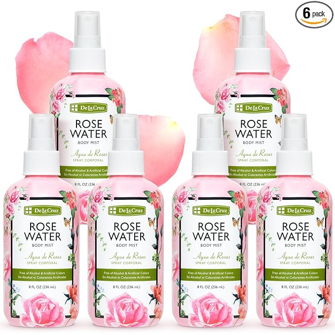 De La Cruz Pure Rose Water Body Mist,Rosewater Spray for Face, Skin & Hair, Rose Toner & Rose Water for Hair Alcohol Free, Paraben Free 8 fl oz (6 Bottles)