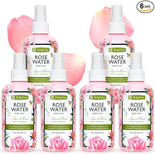 De La Cruz Pure Rose Water Body Mist,Rosewater Spray for Face, Skin & Hair, Rose Toner & Rose Water for Hair Alcohol Free, Paraben Free 8 fl oz (6 Bottles)