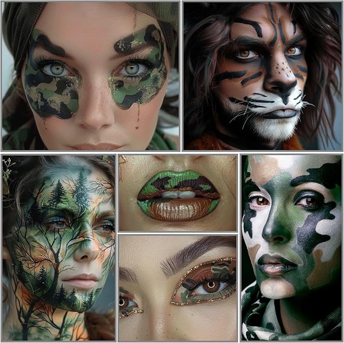 Black Green Brown Camo Face Paint with Brushes Set, Water Based Face Painting Kit for Camouflage Military Hunting & Paintball, Facepaint for Kids & Adults Halloween Special FX Cosplay Costume Makeup