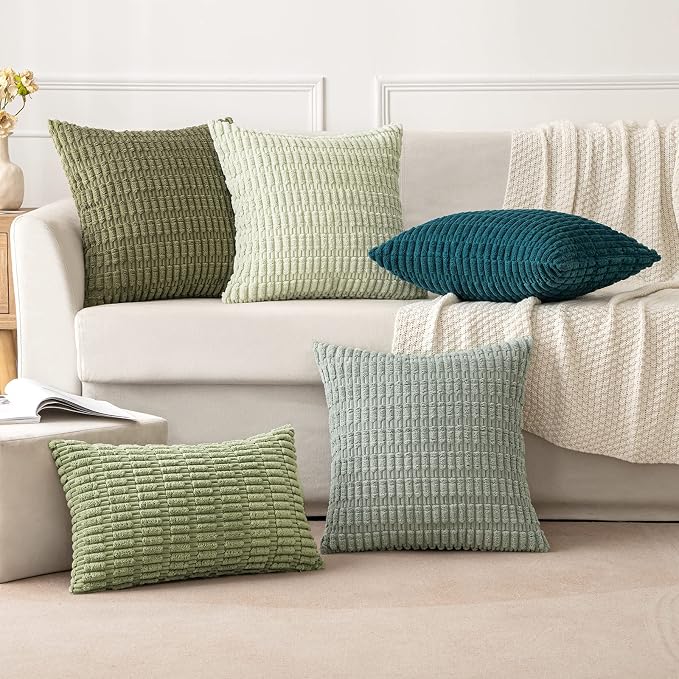 MIULEE Lumbar Corduroy Decorative Throw Pillow Covers 12x20 Olive Green | Pack of 2 Soft Boho Striped Pillow Covers Modern Farmhouse Home Decor For Sofa Living Room Couch Bed