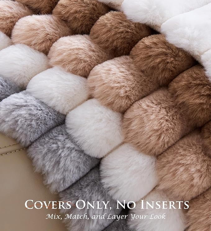 Pack of 2 Throw Pillow Covers 20x12 Decorative Solid Plush Faux Fur with Soft Velvet Back, Square Striped Cushion Cases Modern Farmhouse Home Decor for Living Room Couch Sofa Bed Apricot