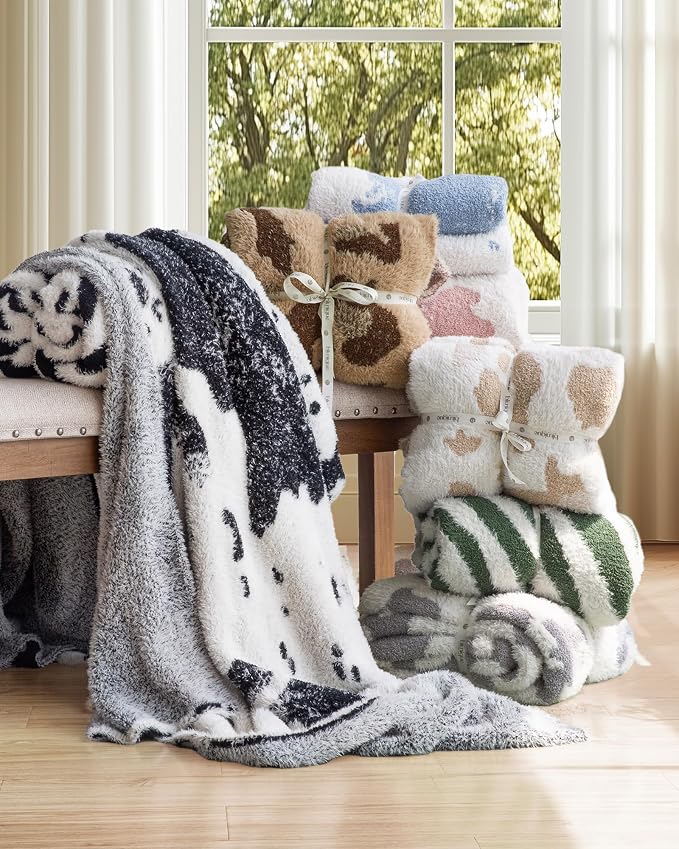 Knit Throw Blanket for Couch, Soft Cozy Fluffy Knitted Blanket for Sofa, Bed, Gift for Women Girls Home Decor (Leopard-Pink, Throw 50"x60")