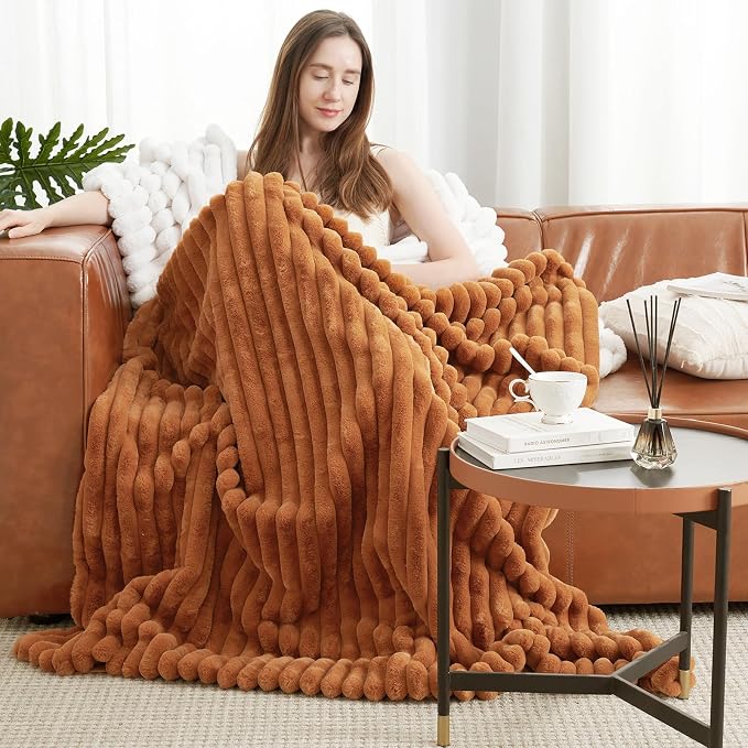 Faux Fur Throw Blanket for Couch, Cozy Fuzzy Fluffy Fur Luxurious Soft Striped Plush Gift Blankets for Family Sofa Chair Bedroom, 55"x70", Orange Brown
