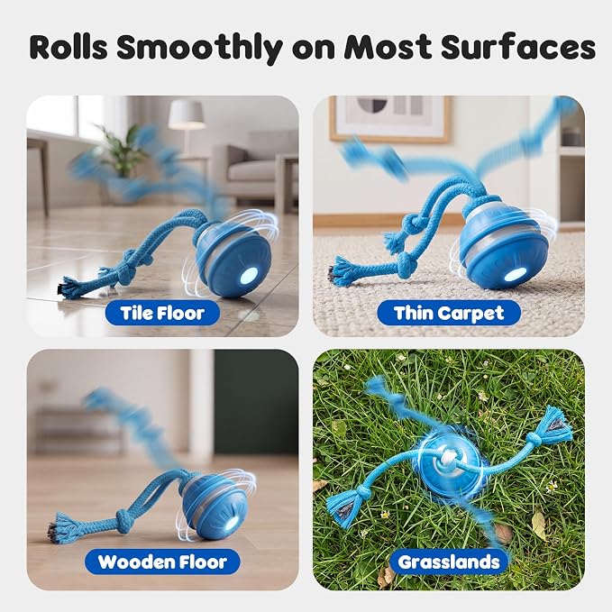 Interactive Small Dog Toys Ball, Smart Automatic Moving Rolling Dogs Toy | Interactive Dog Ball for Small & Medium Dogs, 3 Modes with Bird Chirps&RGB Lights, Bite-Resistant Rope, IP54 Waterproof(Blue)