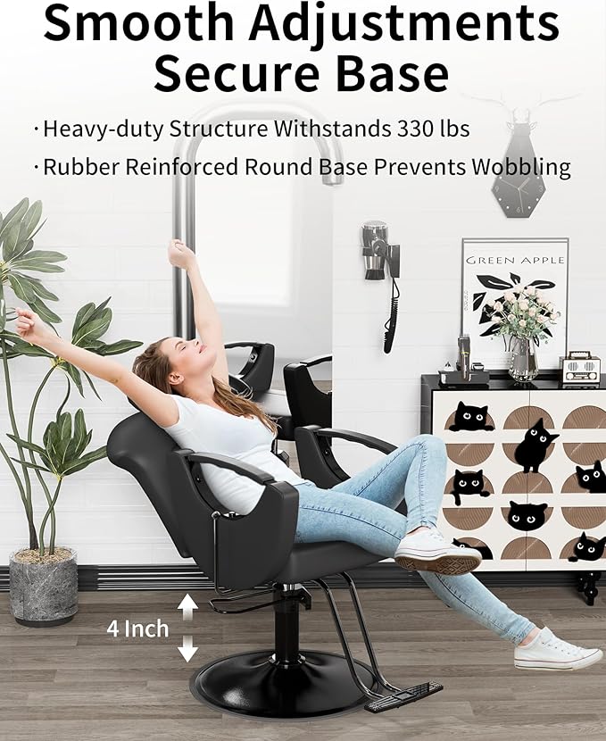 Baasha Ergonomic Reclining Salon Chair with Adjustable & Removable Headrest, All Black Hydraulic Styling Chair, Soft PU Leather, 135° Recline, 360° Swivel, Heavy-Duty Steel Frame, 330 lbs Capacity