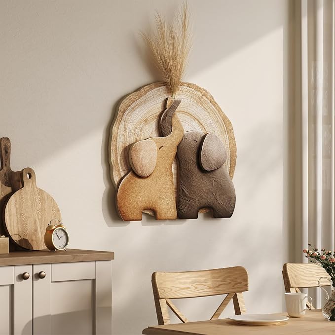 3D Textured Elephant Brown Minimalist Wall Art for Dining Room, 24x24 Inch | With faux greenery, Tree ring texture, Natural, Modern, Animal wall decor, Artwork for walls, for Living room, Hallway