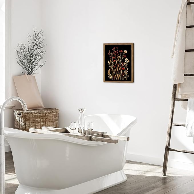 Framed Vintage Floral Wall Art, Dark Wildflower Botanical Canvas Wall Decor Paintings, Rustic Moody Flower Artwork Poster Print Picture for Bathroom Bedroom Living Room 16x24 Inch