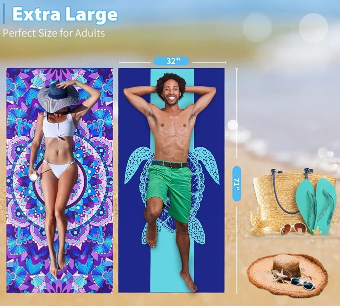 4 Pack Microfiber Thin Lightweight Beach Towel Oversized 71x32 Extra Large Sand Free Towels for Travel Swim Pool Yoga Gym Camping for Adults Women Men Beach Essentials Accessories Vacation Gift