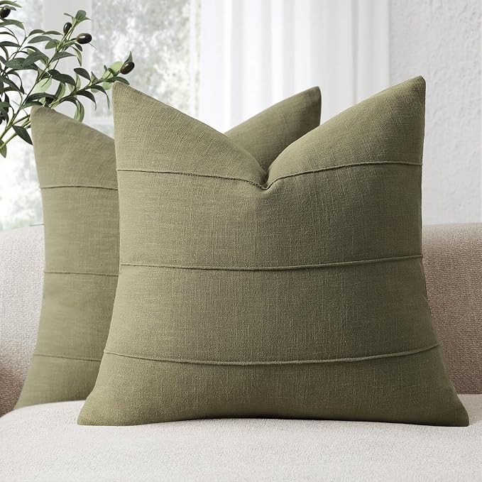 Christmas Linen Throw Pillow Covers 18x18 Set of 2 Solid Handcrafted Striped Cushion Covers for Bed Soft Xmas Decorative Pillow Covers for Couch Bedroom Living Room Christmas Decor(Olive Green)