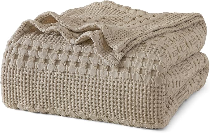 PHF 100% Cotton Waffle Weave Blanket Queen Size, Lightweight Breathable Summer Blanket for Hot Sleepers, Pre-Washed Soft Layer for Bed, Couch, Aesthetic Home Decor & Gift, 90"x90", Taupe