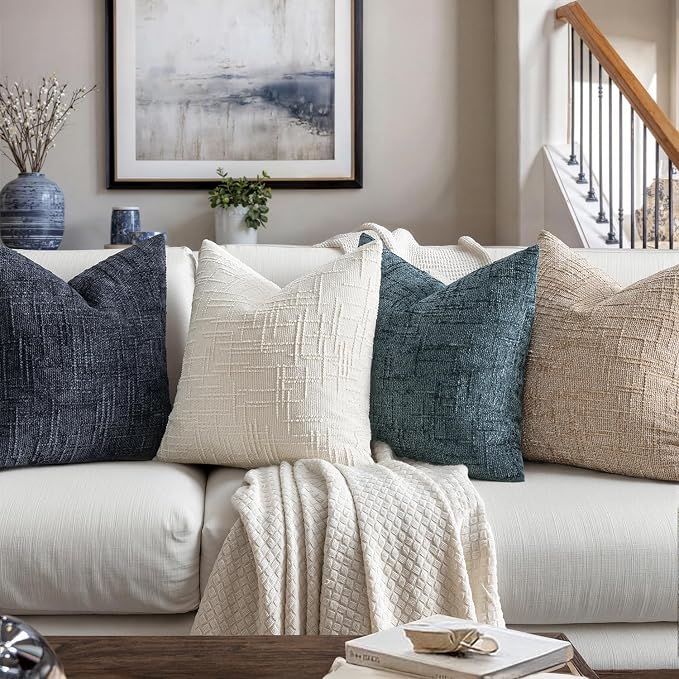 MIULEE Chenille Textured Throw Pillow Covers Blue 18x18 Set of 2 | Slubby Decorative Pillows, Boho Farmhouse Coastal Decor, Modern Neutral Cushion Covers for Couch Sofa Bed Living Room