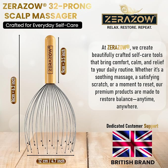 ZERAZOW® Scalp Massager with 32-Prong, Head Massager Scalp Massage Tool for Relaxation, Beech Wood Head Scratcher, Scalp Scratcher for Head Massage, Scalp Stimulator, Fathers Day Gift for Men/Women