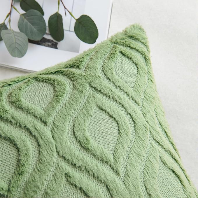 MIULEE Sage Green Soft Plush Faux Wool Throw Pillow Covers 18x18 | Set of 2, Farmhouse Boho Home Decor, Decorative Cushion Covers for Sofa, Living Room, Bed