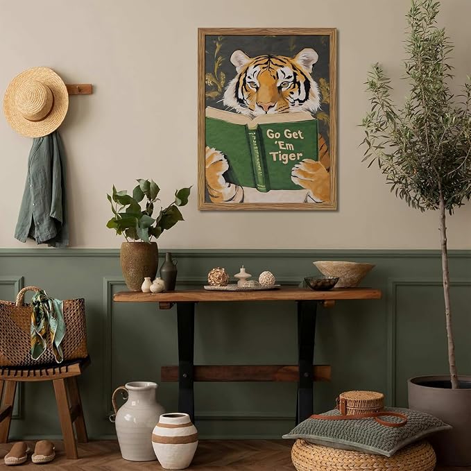 Framed Tiger Canvas Wall Art, Motivational Tigers Reading Poster Print, Humorous Bookworm Pictures Wall Decor, Vintage Go Get Em Tiger Painting for Office Library Bedroom Decor 12x16 inch