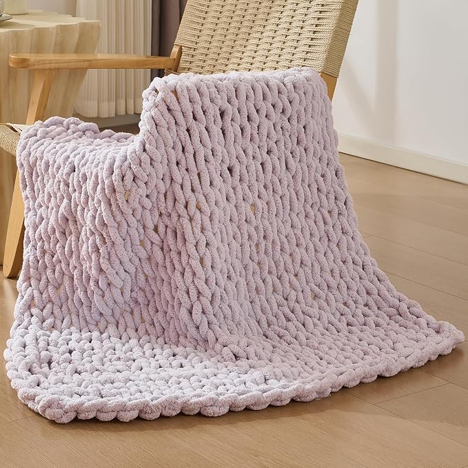 Bigacogo Chunky Knit Throw Blanket for Couch, 40x40 inches, Berry Haze | Hand Knit with Jumbo Chenille, Soft Breathable Cable Knit for Sofa Bed Living Room, Machine Washable, Gift for Mom Friend