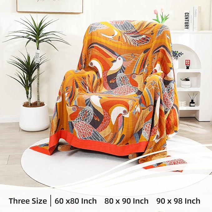 VANJOROY Boho Large Throw Blanket, 100% Organic Cotton Breathable Soft Bed Throw - Floral Bird Farmhouse Decor Blanket for Sofa Couch Chair Quilt and Gift. 60" x 80"- Colorful