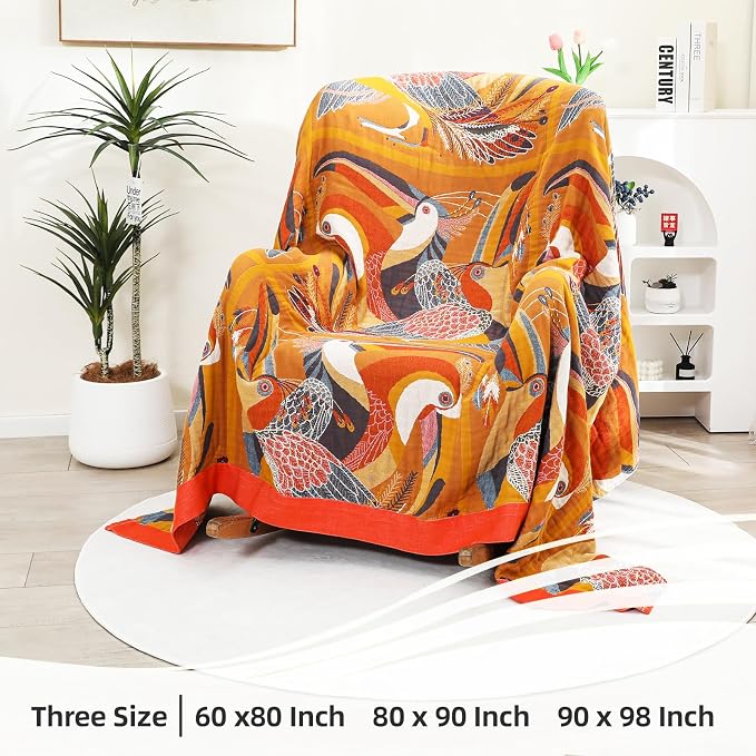 VANJOROY Boho Large Throw Blanket, 100% Organic Muslin Cotton Breathable Soft Bed Throw - Floral Bird Farmhouse Decor Blanket for Sofa Couch Chair Quilt and Gift. 80" x 90"- Colorful