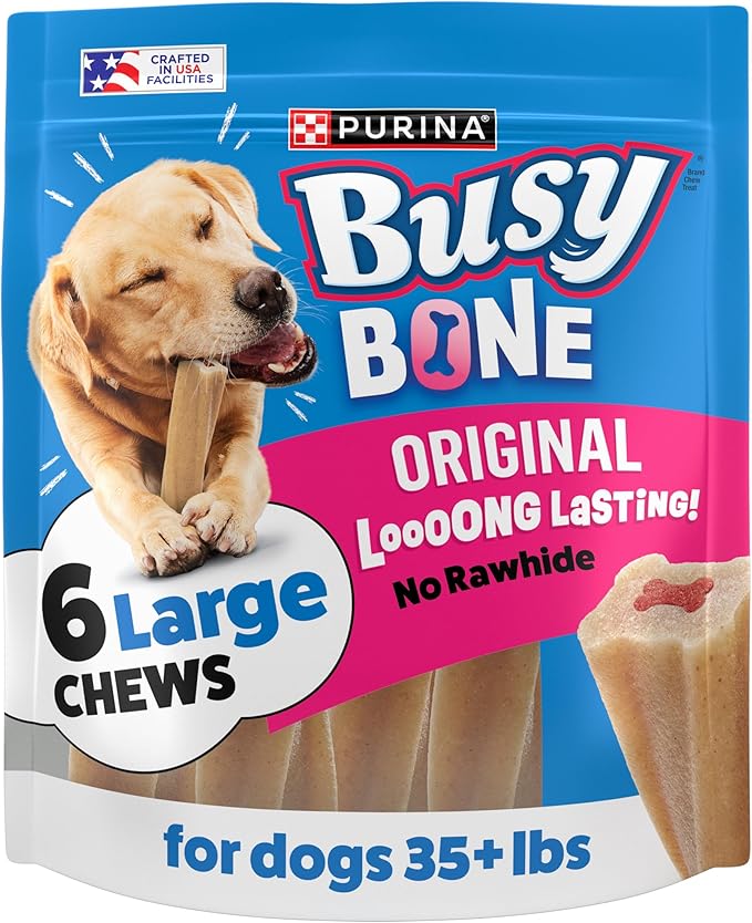 Purina Busy Bone Adult Large Dog Chew Treats, Original, 6 ct Pouch | Rawhide free chew with a real meat center for dogs 35+ lbs, long lasting chew that helps clean teeth