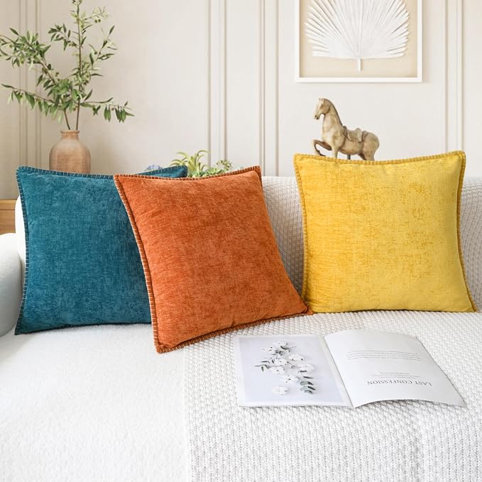 CaliTime Fall Decorative Throw Pillow Covers 18 X 18 Inches Burnt Orange | Pack of 2, Cozy Chenille Cushion Cases, Cotton Thread Stitching Edges, for Couch Sofa Bed Living Room Farmhouse