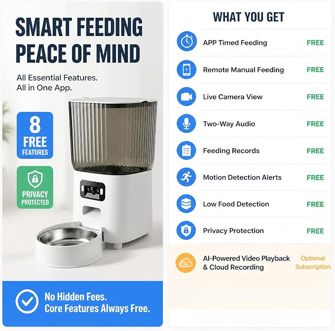 Automatic Cat Feeder with Wide-Angle Camera, 5L (Single-Bowl pro) | Auto Dog Food Dispenser , App Control, 1080P Night Vision,Motion Detection, Two-Way Audio, Large Hopper, Feeding Timer