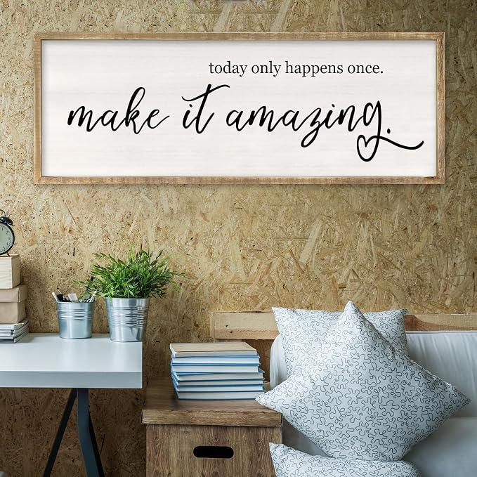 RLWangChao Today Only Happens Once Make It Amazing Wall Art 32"X12" Wood | Large Inspirational Quote Sign Rustic Living Room, Vintage Wood Frame, Office Motivational Home Wall Hanging Decor