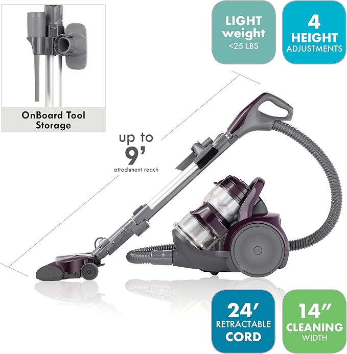 Kenmore 22614 Pet Friendly Lightweight Bagless Compact Canister Vacuum with Pet Powermate, HEPA, Extended Telescoping Wand, Retractable Cord and 2 Cleaning Tools-Purple | Pet Powermate, HEPA, Extended Telescoping Wand, Retractable Cord, 2 Cleaning Tools
