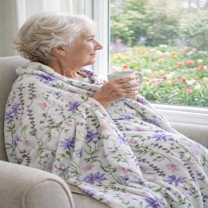 Spring Velvet Fleece Floral Throw Blanket: Wild Flowers of Pink Purple Green on a Colorful Soft Cozy White Design, Oversized 50" x 70"