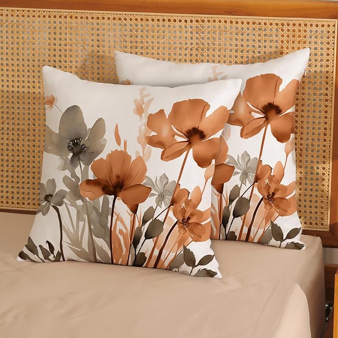 Floral Pillow Covers 18x18 Inches Set of 2 Brown Orange Floral Throw Pillow Covers Outdoor Rustic Orange Flower Decoration Pillowcase Farmhouse Decorative Linen Cushion Cover For Home Sofa Couch
