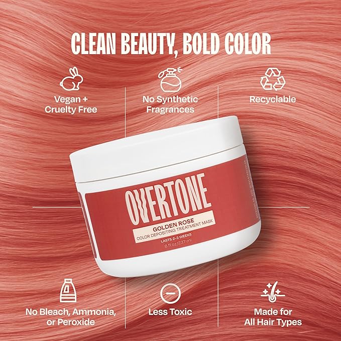 Overtone Semi Permanent Hair Color Conditioner, Golden Rose, 8 oz, Nourishing, Damage-Free, Color Depositing Mask for All Hair Types with Shea Butter & Coconut Oil, Vegan & Cruelty-Free