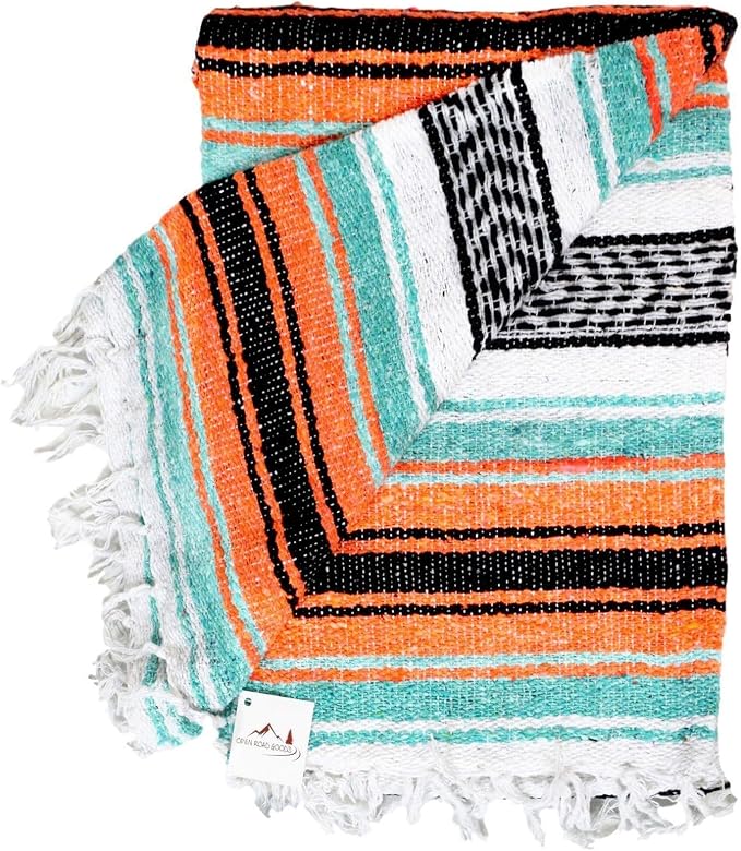 Open Road Goods Bulk Falsa Blankets - Handwoven Authentic Mexican Falsa - Great for Weddings, Yoga, Beach, Picnics, or Mexican Throw! (Mint/Orange, 7 Pack)