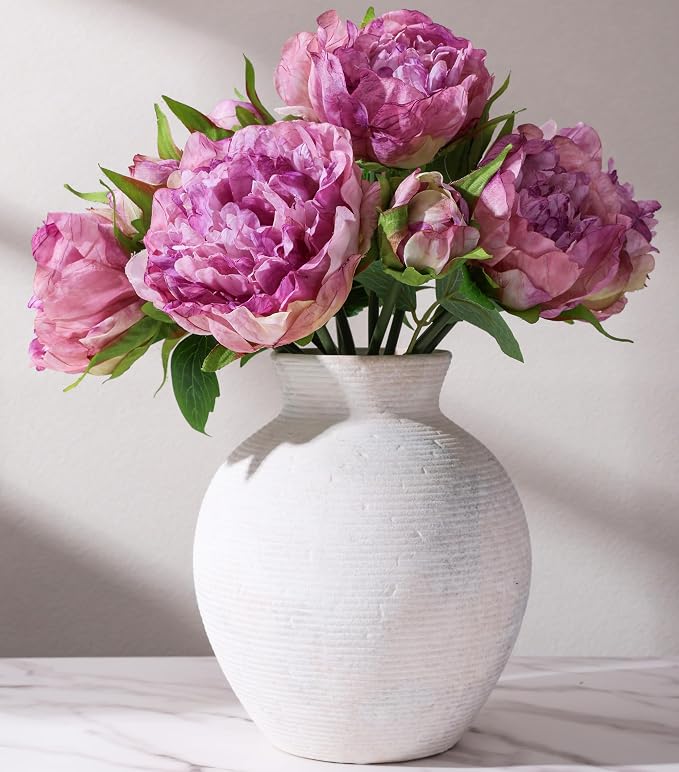 Ceramic Flower Vase Home Decor, 7.4 in Farmhouse Table Vases Rustic Vintage Living Room Kitchen Bedroom Decoration Pottery Decorative Vases for Flowers House Shelf Office Desk Dining Entryway, White