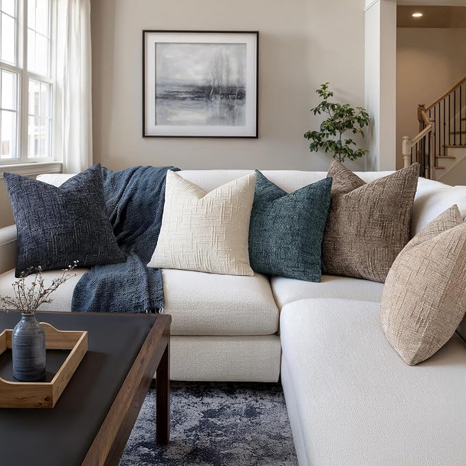 MIULEE Chenille Textured Throw Pillow Covers Blue 18x18 Set of 2 | Slubby Decorative Pillows, Boho Farmhouse Coastal Decor, Modern Neutral Cushion Covers for Couch Sofa Bed Living Room