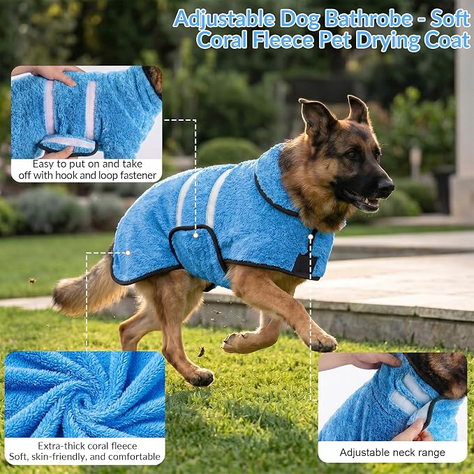 Dog Bathrobe, Super Absorbent for Small to Large Dogs, Light Blue S | Dog Robes with Soft Fleece, Warm & Cozy, Adjustable Fit, and Quick Drying Coat for Baths Swimming and Grooming