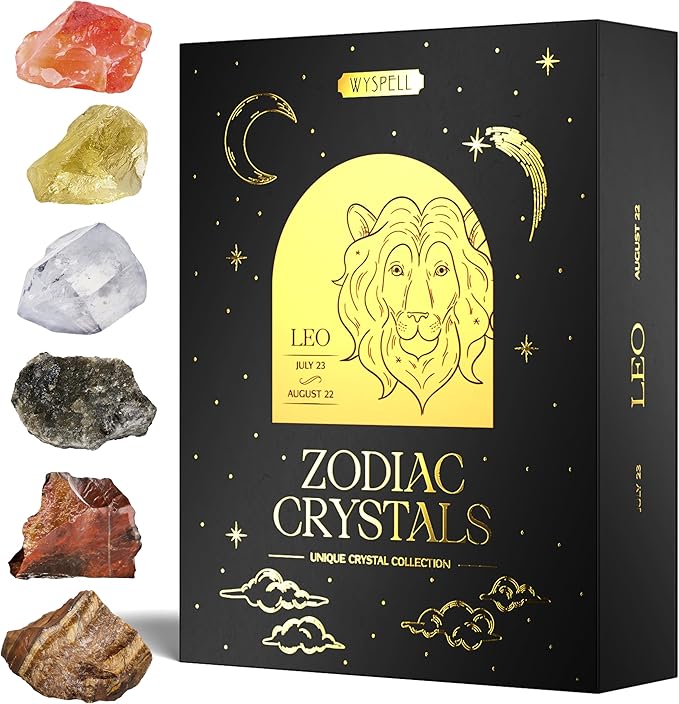 Wyspell Leo Crystal Set - 6 Raw Leo Crystals and Healing Stones - Leo Zodiac Gifts for Women - Leo Healing Gifts - Birthday Gifts for Women - Astrology Gifts for Women - Zodiac Crystal Set