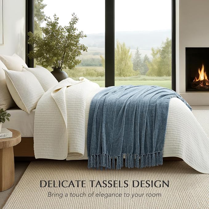 Chenille Knit Throw Blanket for Couch, 50"x60", Cloud Blue | Cozy Plush Fuzzy Knittd Throw with Tassels, Lightweight, Decorative, Farmhouse Decor, Ideal for Bed Sofa Gift, All Seasons