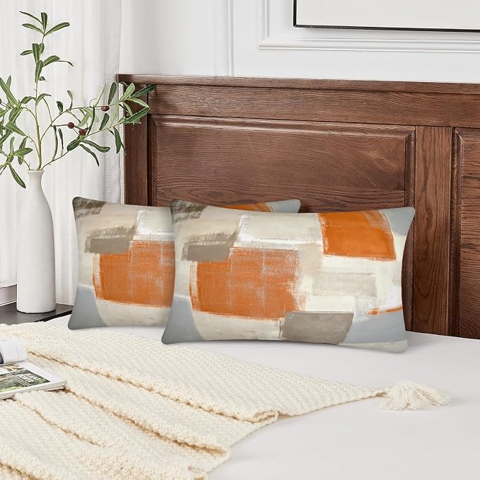 Orange and Grey Abstract Art Artwork Pillow Cover, Gallery Modern Decorative Throw Pillows Cushion Cover for Bedroom Sofa Living Room 12 x 20 Inch Set of 2