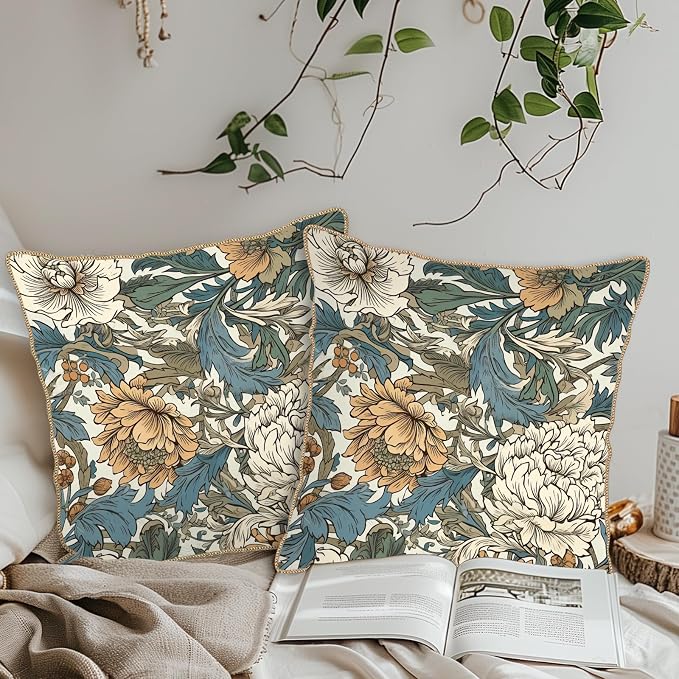 KSLIDS Vintage Flowers Soft Velvet Throw Pillow Covers Set of 2 Floral Plant Leaves Decorative Pillow Covers 18x18 Inch Yellow White Flowers Pillow Case for Sofa Couch Bedroom Farmhouse Home Decor