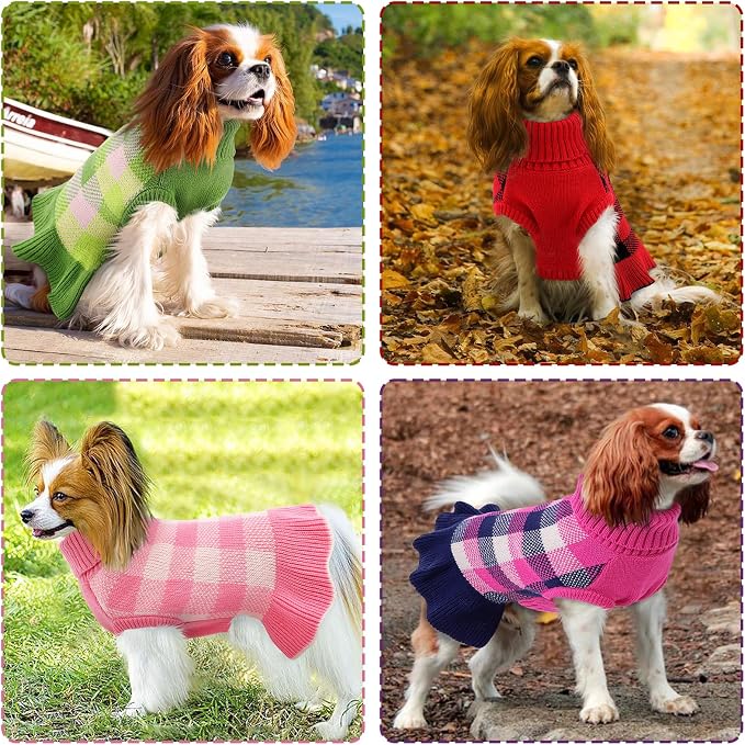 Dog Sweater Dress Plaid Knitwear for Small Medium Dogs Warm Puppy Pet Turtleneck Stretch Pullover Cute Fall Winter Vest Clothes with Leash Hole for Christmas (Navy, 2XS)