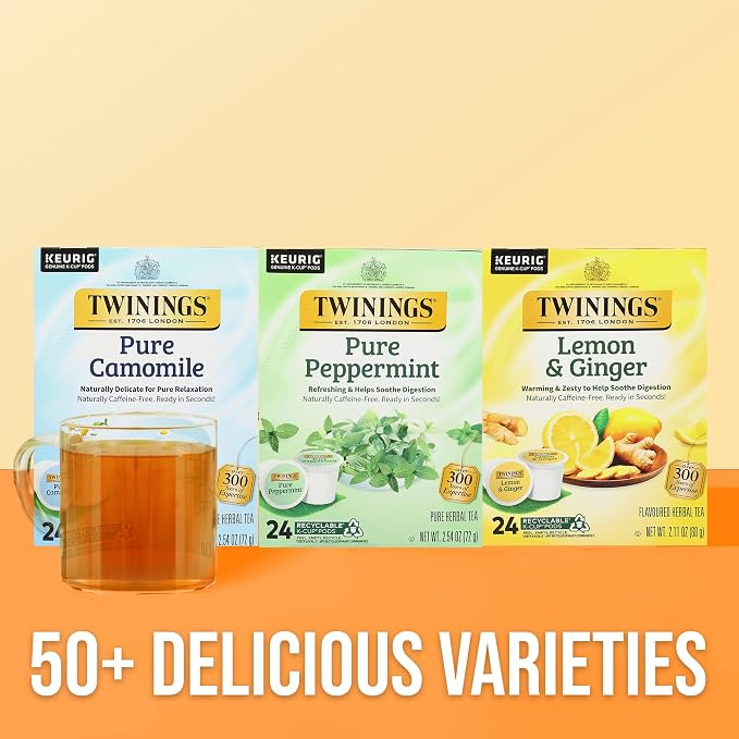 Twinings Pure Peppermint Herbal Tea K-Cup Pods for Keurig, 24 Count (Pack of 1), Made with 100% Pure Peppermint, Naturally Caffeine-Free, Enjoy Hot or Iced