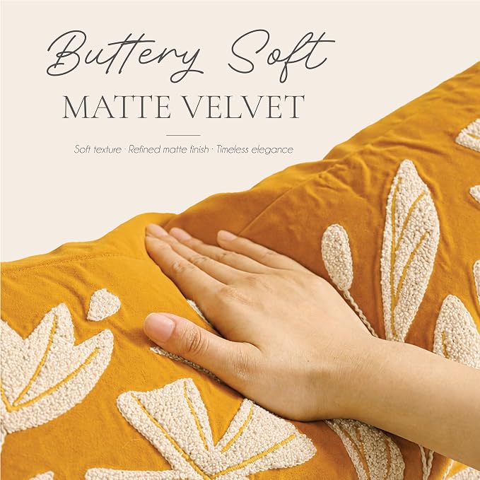 Long Lumbar Pillow Cover 14x36 for Bed, Mustard Floral Tufted Velvet Accent Oversize Throw Pillowcase for Bedroom, Cover Only
