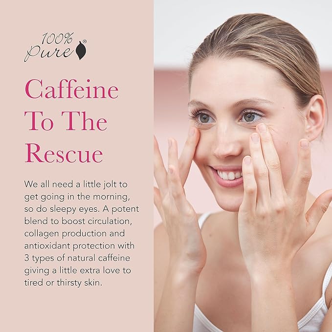 100% PURE Coffee Bean Caffeine Eye Cream Refresh & Hydrate Under Eye Treatment Reduce Puffiness, Dark Circles, Wrinkles with Green Tea, Rose Hip, Vitamin E - Youthful Vibrant Eyes - Vegan - 0.3 oz