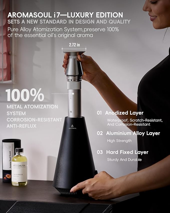 All-Metal Waterless Scent Diffuser Kit – 1500 Sq.Ft Coverage, Wireless Rechargeable,App Control, Mood Light, Hotel Scent Diffuser, Includes 5×15ml Essential Oils, for Home,Large Room,Spa,Black
