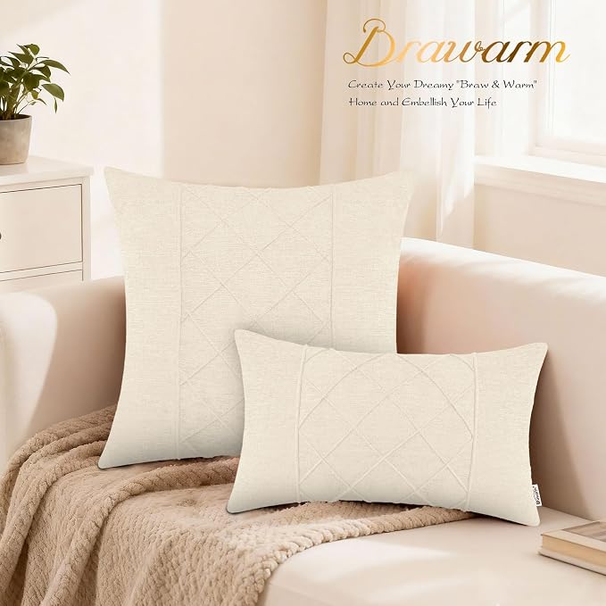 BRAWARM Chenille Throw Pillow Covers 18x18 Inches, Cream, 2 Pack | Decorative Pleated Pillow Covers, Soft Cushion Cases for Sofa Bed Living Room Home Farmhouse (No Insert)