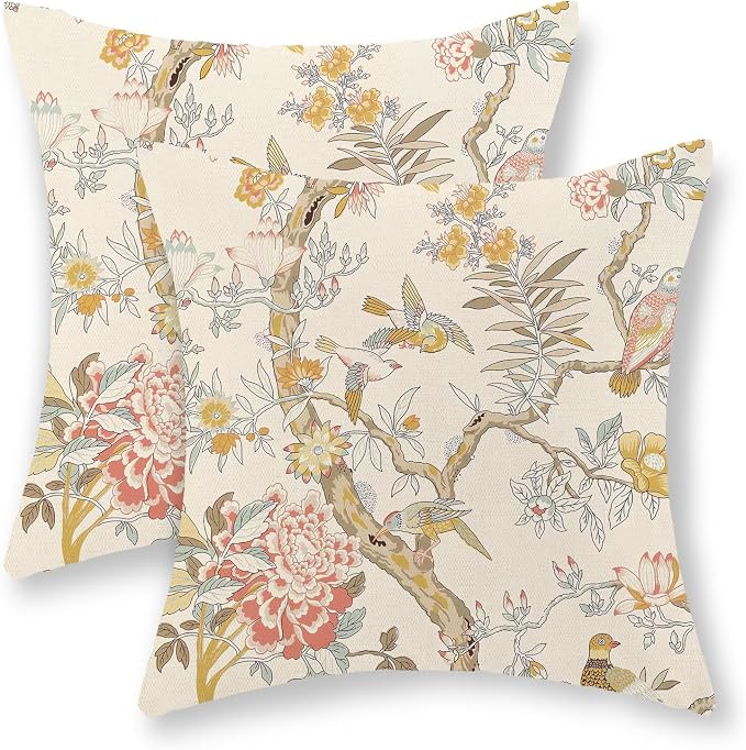 Chinoiserie Pillow Covers 18x18 Set of 2 Yellow Floral Bird Throw Pillows Green Vintage Flowers Bird Decorative Pillowcase Outdoor Chinoiserie Decoration Farmhouse Cushion Case for Couch Home