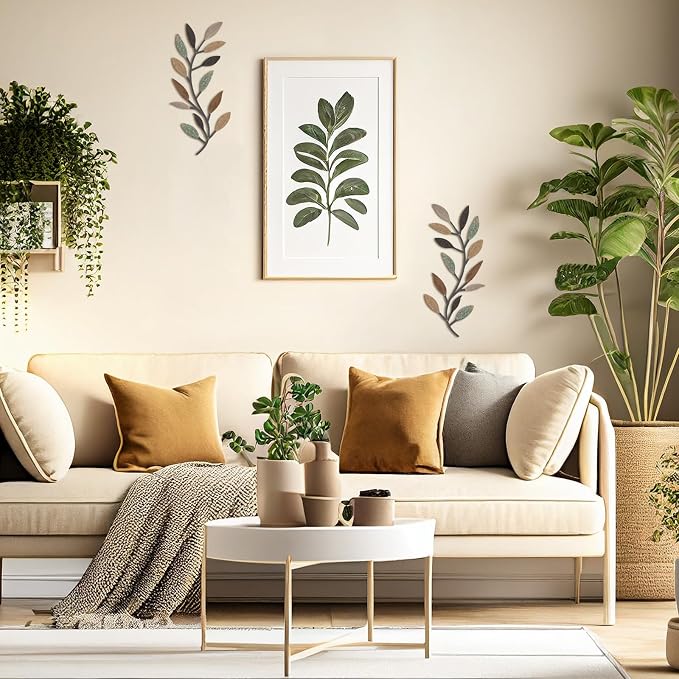 Zhengmy 2 Pcs Metal Leaf Wall Art Vine Branch Decor,Classic Color | Olive Branch Metal Decor for Living Room Hallway, Symmetrical Leaf Pair for Doorway Entryway, Lightweight Hanging Art Design