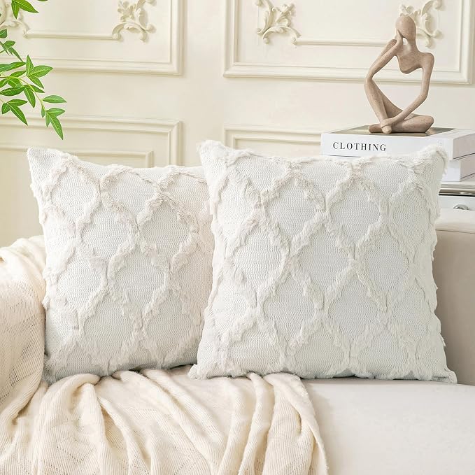 Set of 2 Soft Moroccan Throw Pillow Covers 22x22 Inch Plush Boho Decorative Pillow Cover Accent Cushion Case for Couch Sofa Bed, Cream White