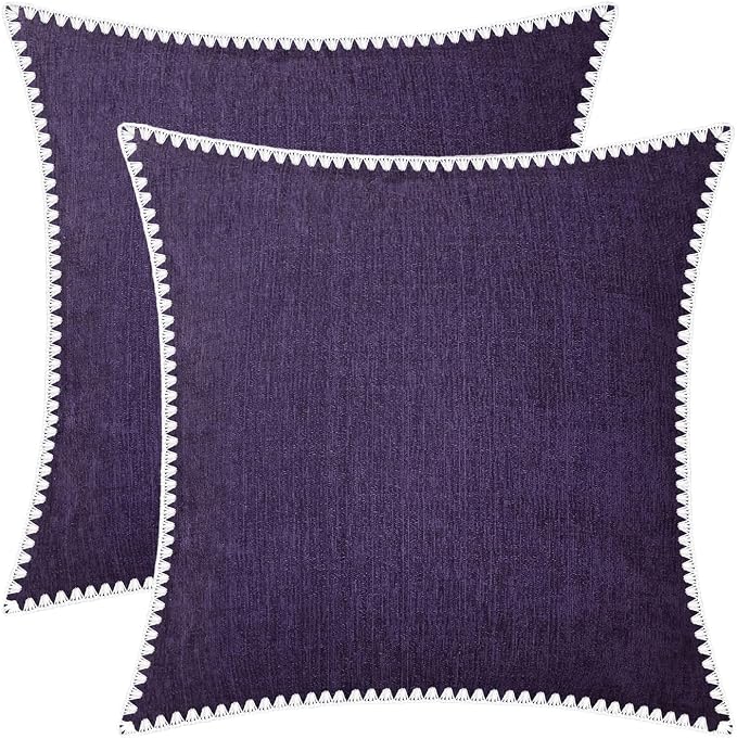 BRAWARM Chenille Throw Pillow Covers 20x20 Inches, Purple, 2 Pack | Decorative Pillow Covers with Shell Edge, Soft Cushion Cases for Sofa Bed Living Room Home Farmhouse (No Insert)