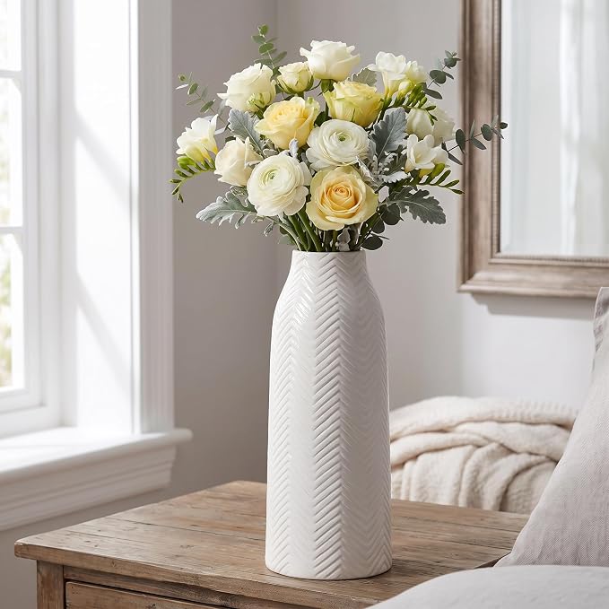 hjn Large White Vase for Flowers Ceramic Vase for Home Decor Tall Vases for Your Floor/Kitchen/Office/Living Room/Table- White Texture(Large)
