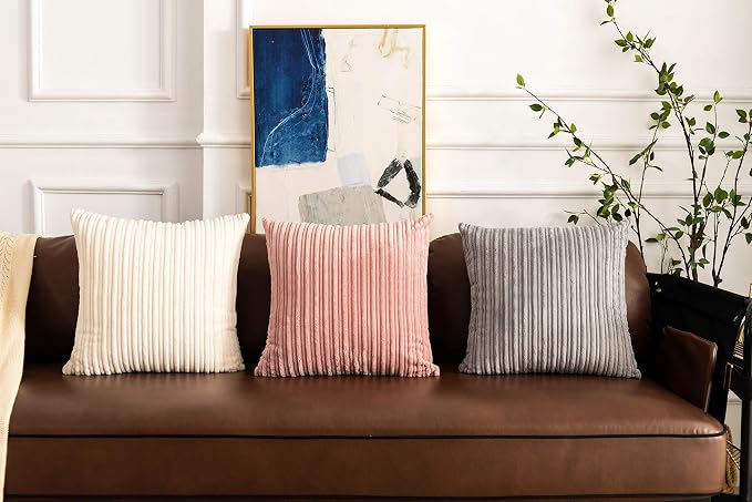 UGASA Pack of 2, Velvet Pillow Covers Striped Decorative Throw Cushion Case with Hidden Zipper for Home Couch/Bedroom/Car, Soft Cozy Solid Square (20"x20", Light Grey)